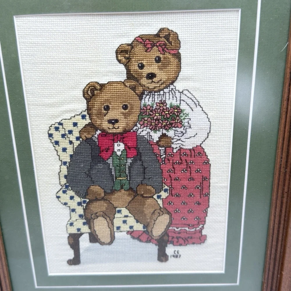 1980's Cute Teddy Bear Cross Stitch Embroidery Framed 11x14 Grandmacore Wall Art